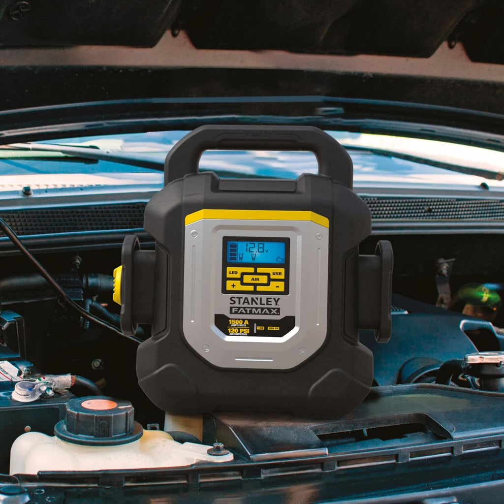 STANLEY J15CF 1500 Peak Amp Jump Starter, 120 PSI Compressor, Light, AC, and USB Power