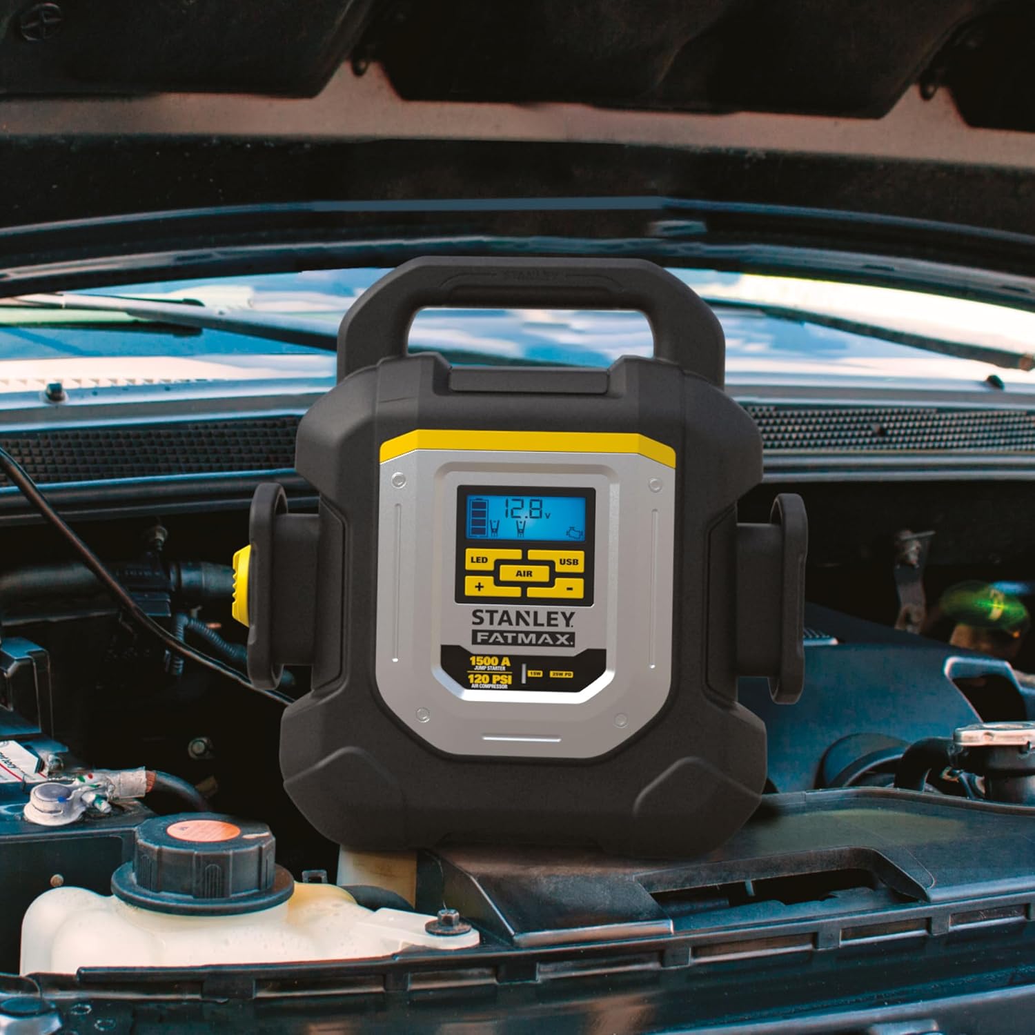 STANLEY J15CF 1500 Peak Amp Jump Starter, 120 PSI Compressor, Light, AC, and USB Power