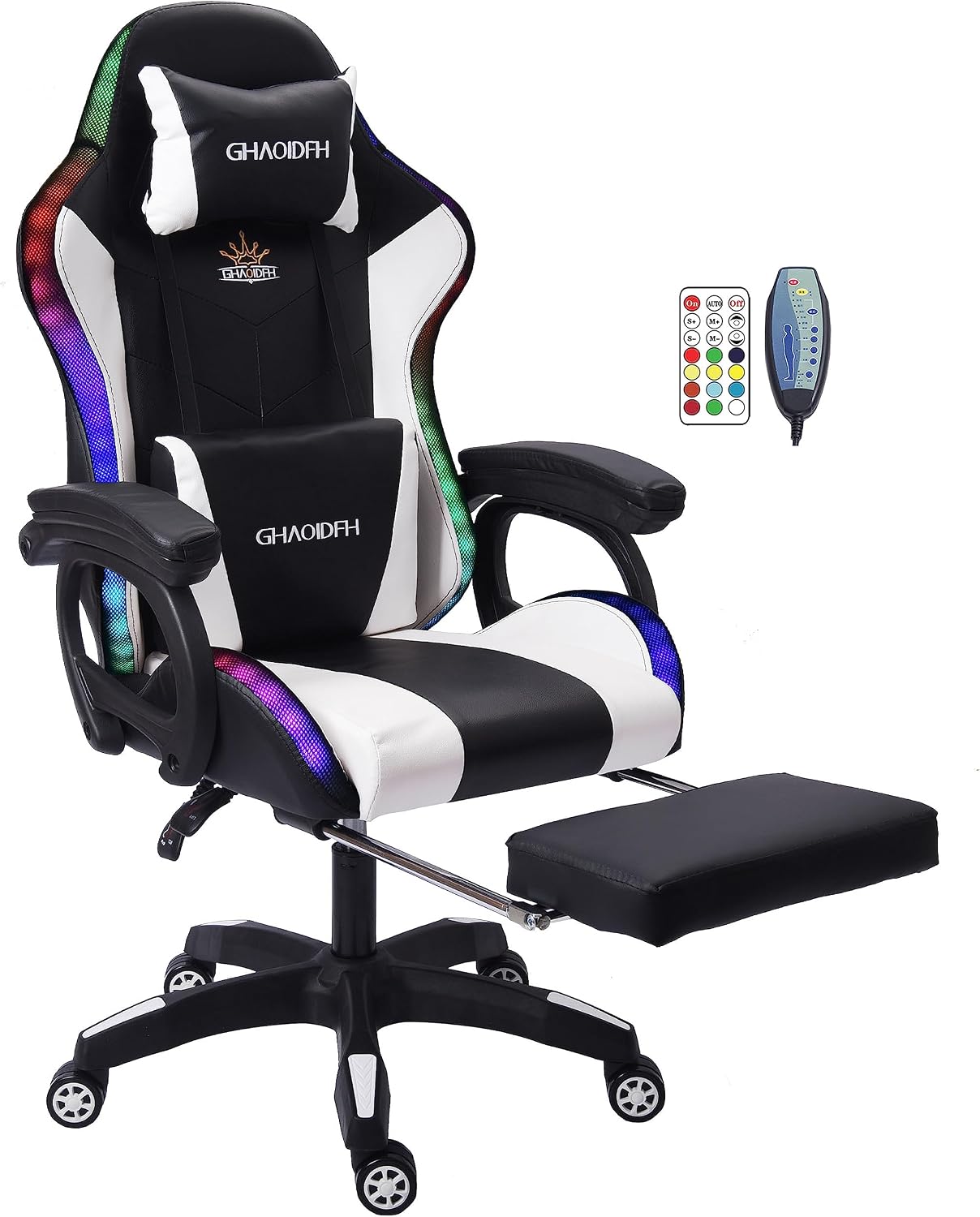 Gaming Chair with Speakers,LED Light Gaming Chair with Massage Lumbar Support,Ergonomic Pro Computer Gaming Chairs,Adult Gaming Chair with Footrest Lumbar Support and Adjustable Backrest.,Whi