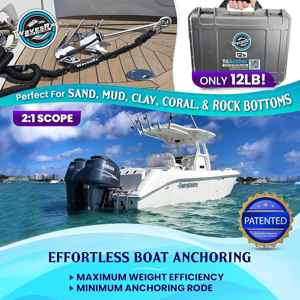 WAVESRX TriAnchor - Stainless Steel Folding PWC & Boat Anchor | Sets Instantly for Effortless Boat & Jet Ski Anchoring | Compact Patent-Pending Design Grips Better Than Plow, Fluke or Box Anchor
