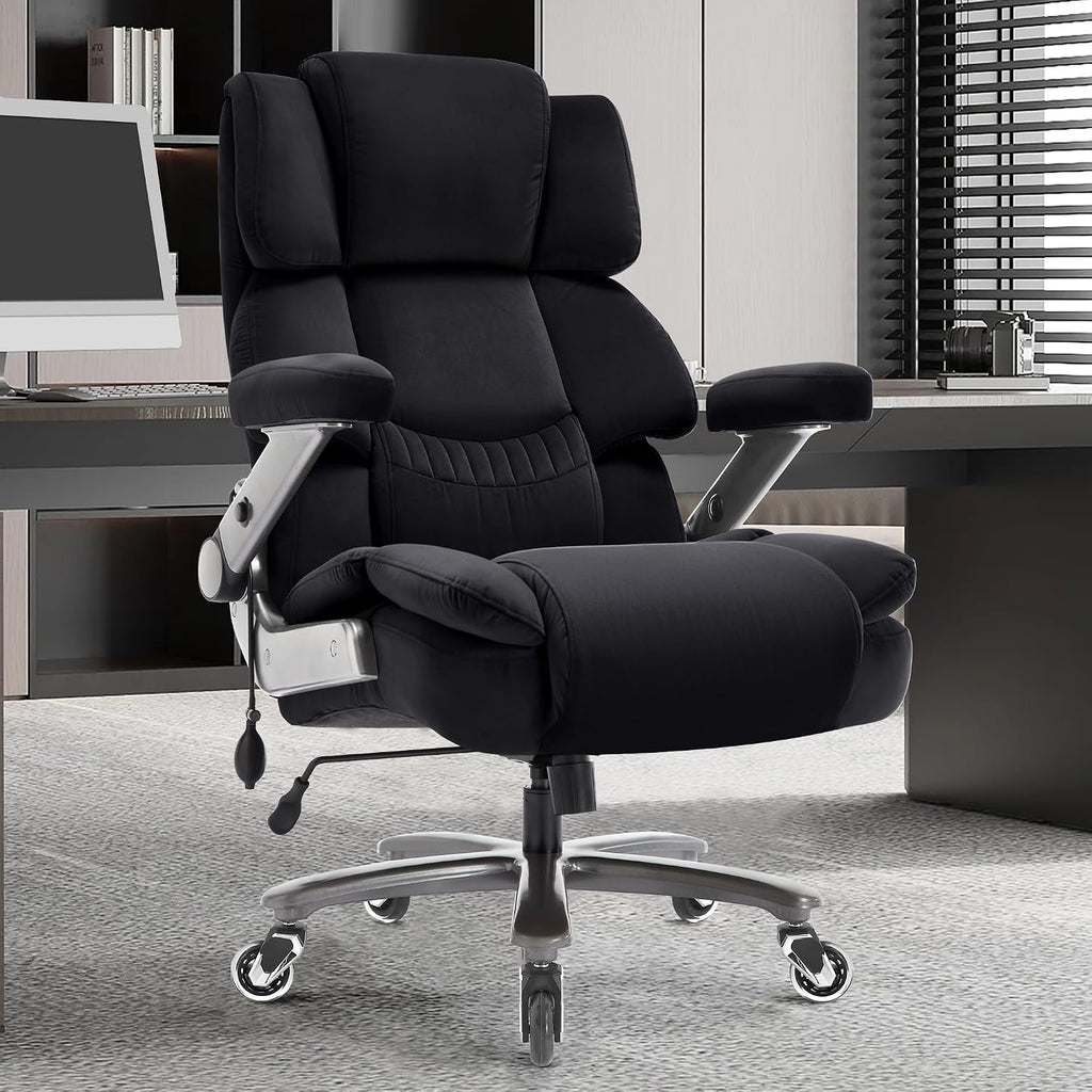 Fabric 700lbs Big and Tall Office Chair-Large Computer Chair with Adjustable Lumbar Support 3D Flip Arms Plus Size Wheels, High Back Executive Desk Chair, Heavy Duty Metal Base, Thick Padded Wide Seat