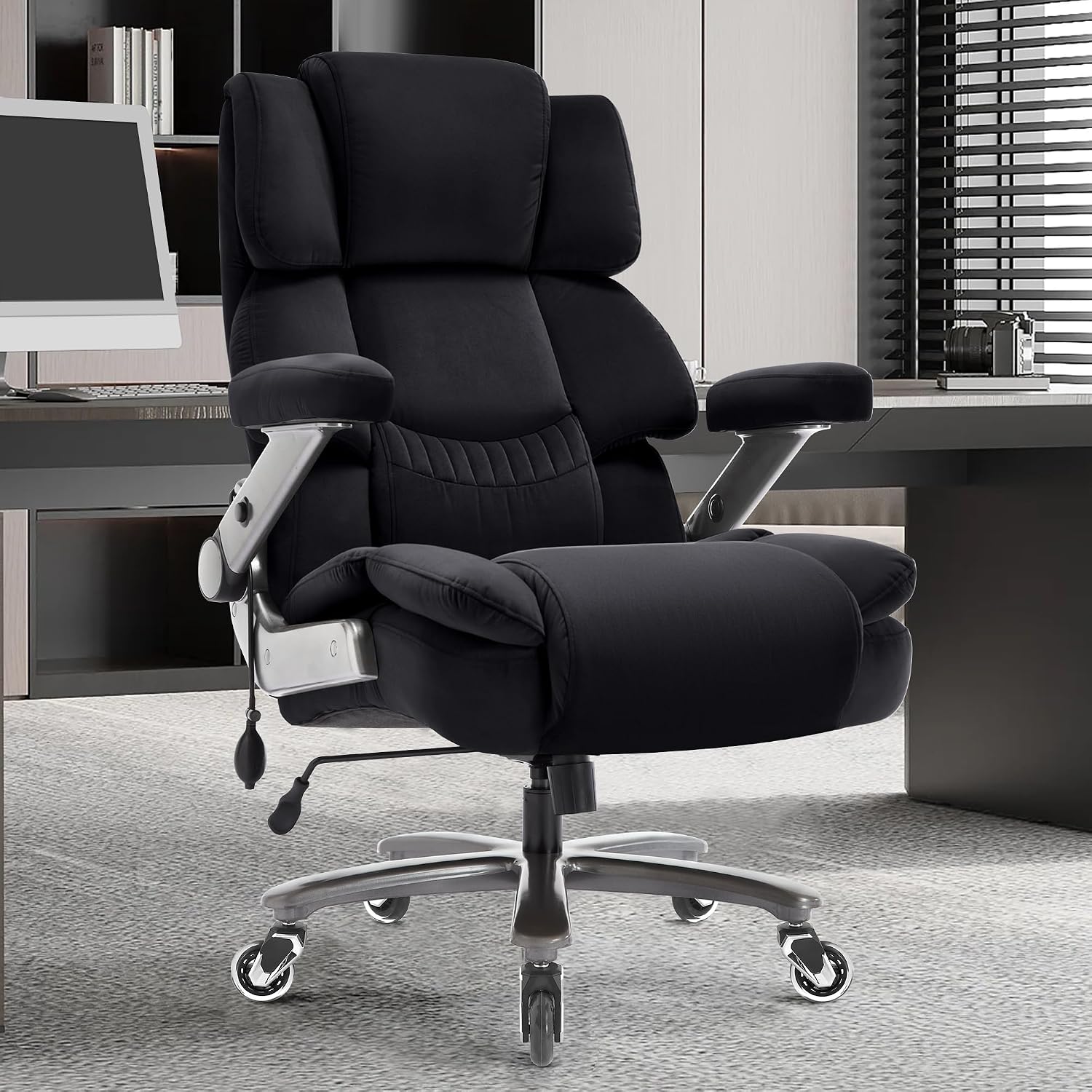 Fabric 700lbs Big and Tall Office Chair-Large Computer Chair with Adjustable Lumbar Support 3D Flip Arms Plus Size Wheels, High Back Executive Desk Chair, Heavy Duty Metal Base, Thick Padded Wide Seat