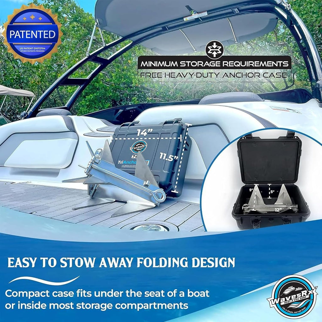 WAVESRX TriAnchor - Stainless Steel Folding PWC & Boat Anchor | Sets Instantly for Effortless Boat & Jet Ski Anchoring | Compact Patent-Pending Design Grips Better Than Plow, Fluke or Box Anchor