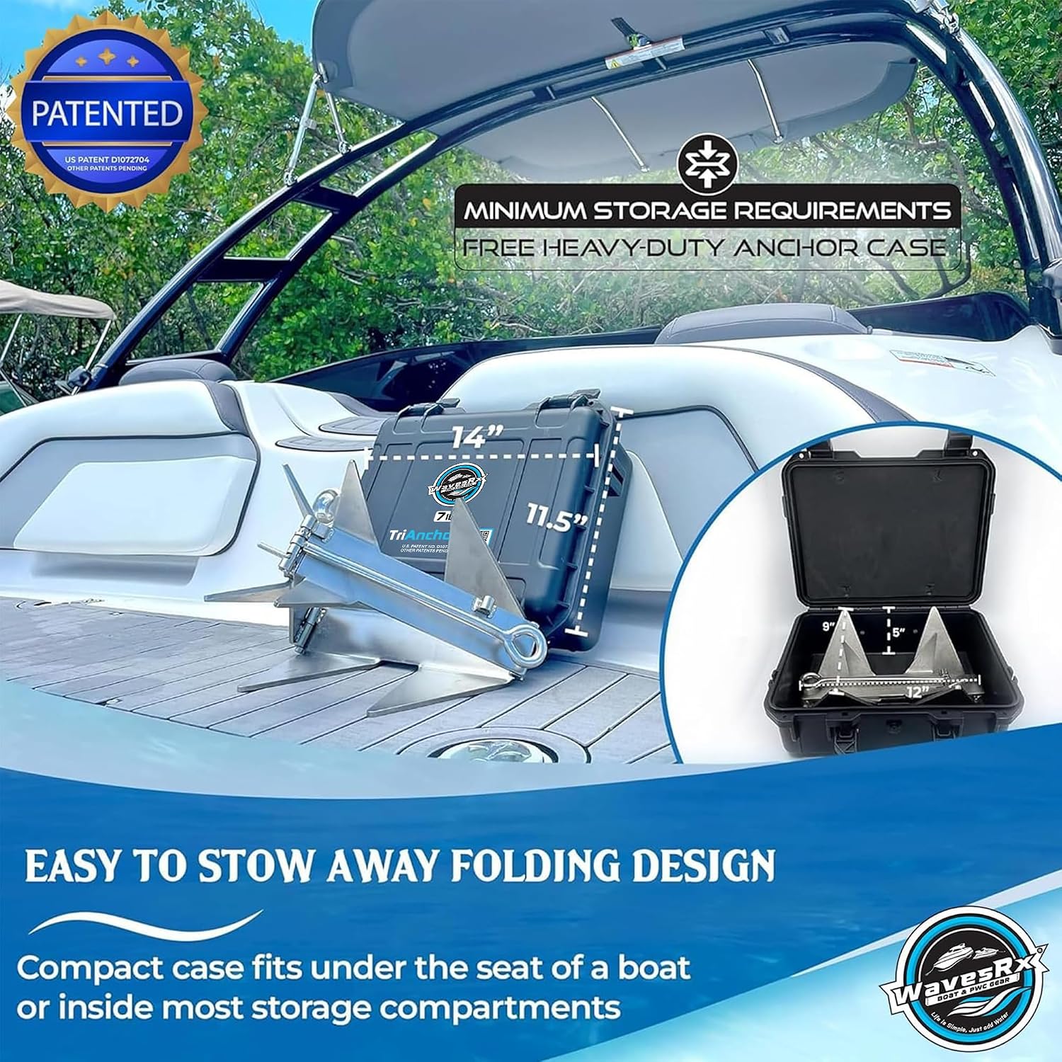WAVESRX TriAnchor - Stainless Steel Folding PWC & Boat Anchor | Sets Instantly for Effortless Boat & Jet Ski Anchoring | Compact Patent-Pending Design Grips Better Than Plow, Fluke or Box Anchor