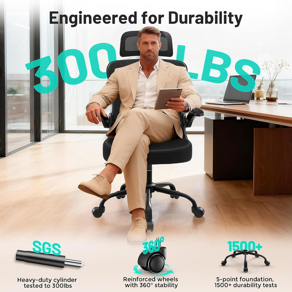 AreShark Office Chair - Ergonomic Desk Chair Breathable Mesh Chair with 2D Headrest & Adjustable Lumbar Support - Executive High Back Rolling Swivel Computer Gaming Chair with Wheels Flip-up Armrests