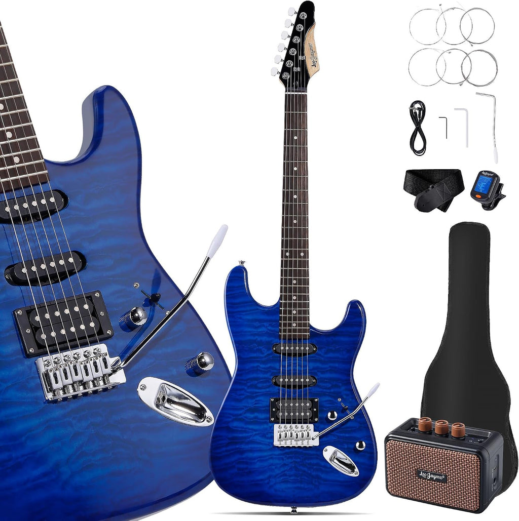 Leo Jaymz 39' Full Size ST Style Electric Guitar Starter Kit with SSH Pickup, 5W Portable Amp, Tuner, Gig Bag, Strap & Accessories (Blue Ocean 5W)