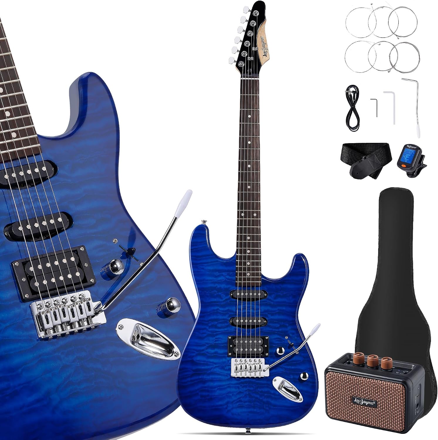 Leo Jaymz 39' Full Size ST Style Electric Guitar Starter Kit with SSH Pickup, 5W Portable Amp, Tuner, Gig Bag, Strap & Accessories (Blue Ocean 5W)