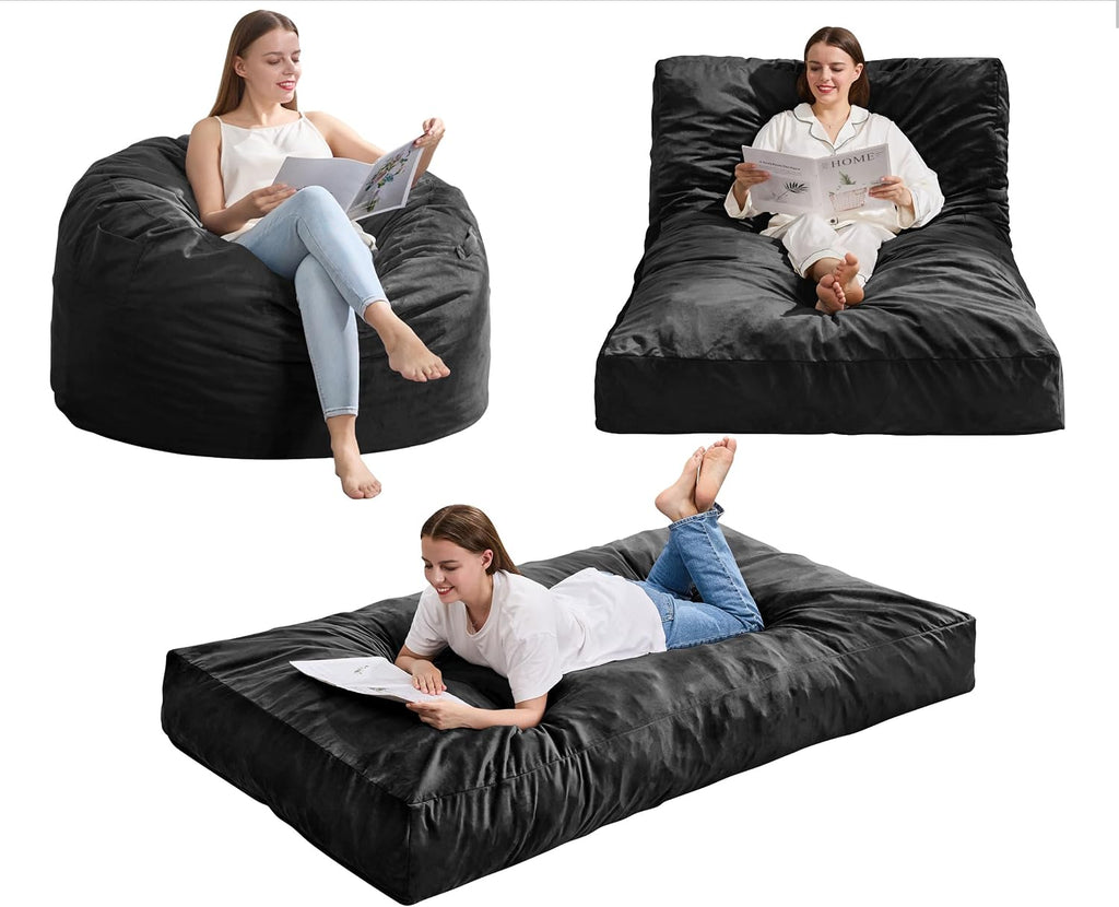 Hobestluk Giant Bean Bag Chair Bed for Adults, Large Bean Bags with High-Density Foam Filling, Convertible Big Sofa Bed Couch for Living Room, Bedroom, Playroom (Black, Twin)
