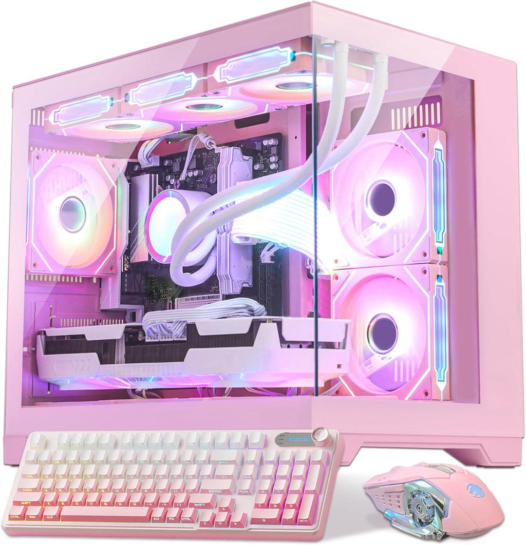 Ocean Park Pink Gaming PC Gamer Desktop Computer W/KB & Mouse, AMD Ryzen 5 9600X 6-Core 3.9GHz, RTX 5060 8GB, 32GB DDR5, 1TB PCIe SSD, 850W PSU, Fusion 2.0 APP RGB Fan Control, Win 11