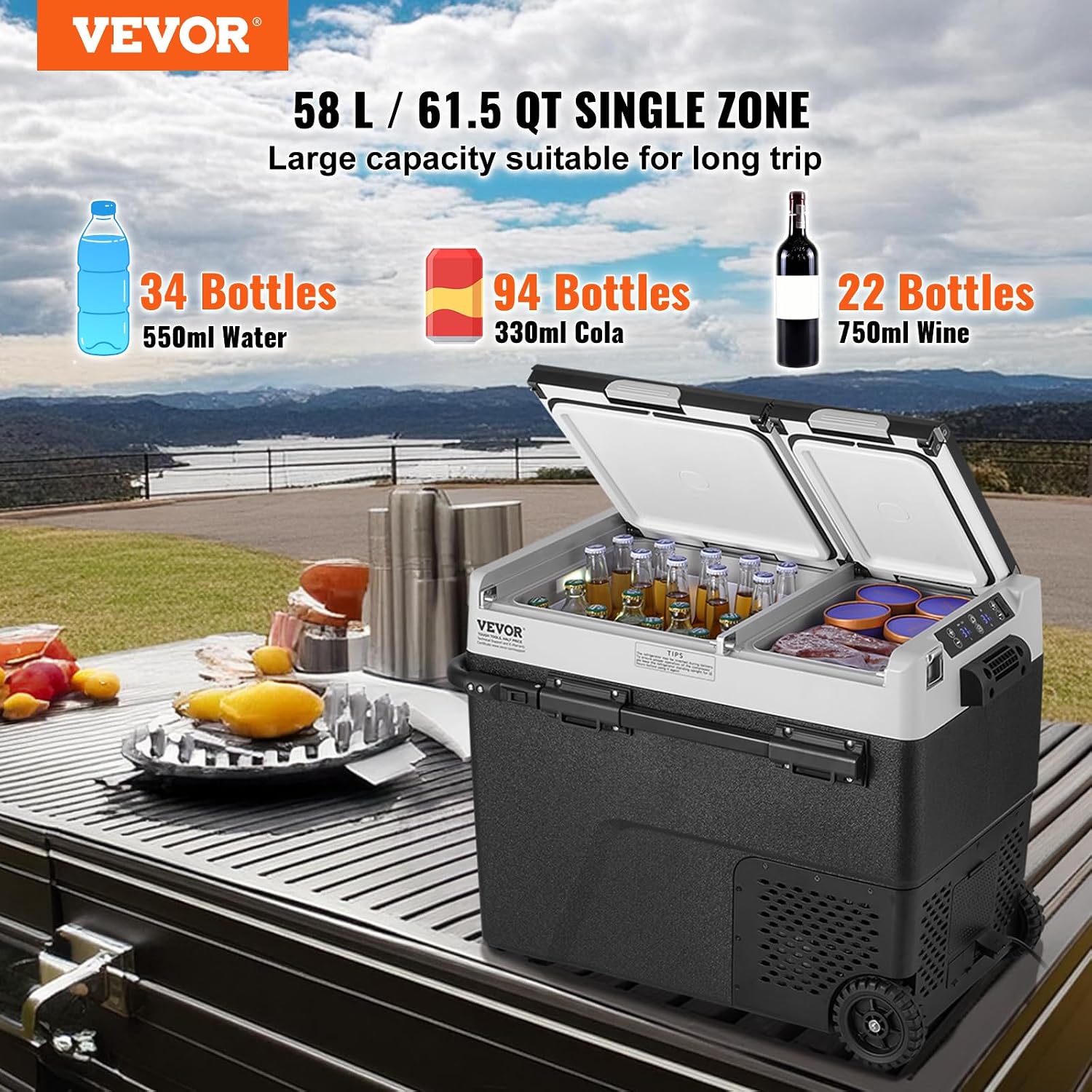 VEVOR Car Refrigerator 58L / 61.5 QT, Dual Zone 12 Volt Compressor Fridge, -4℉ to 68℉ Adjustable, Portable Freezer Cooler for Car, RV, Camping, Home