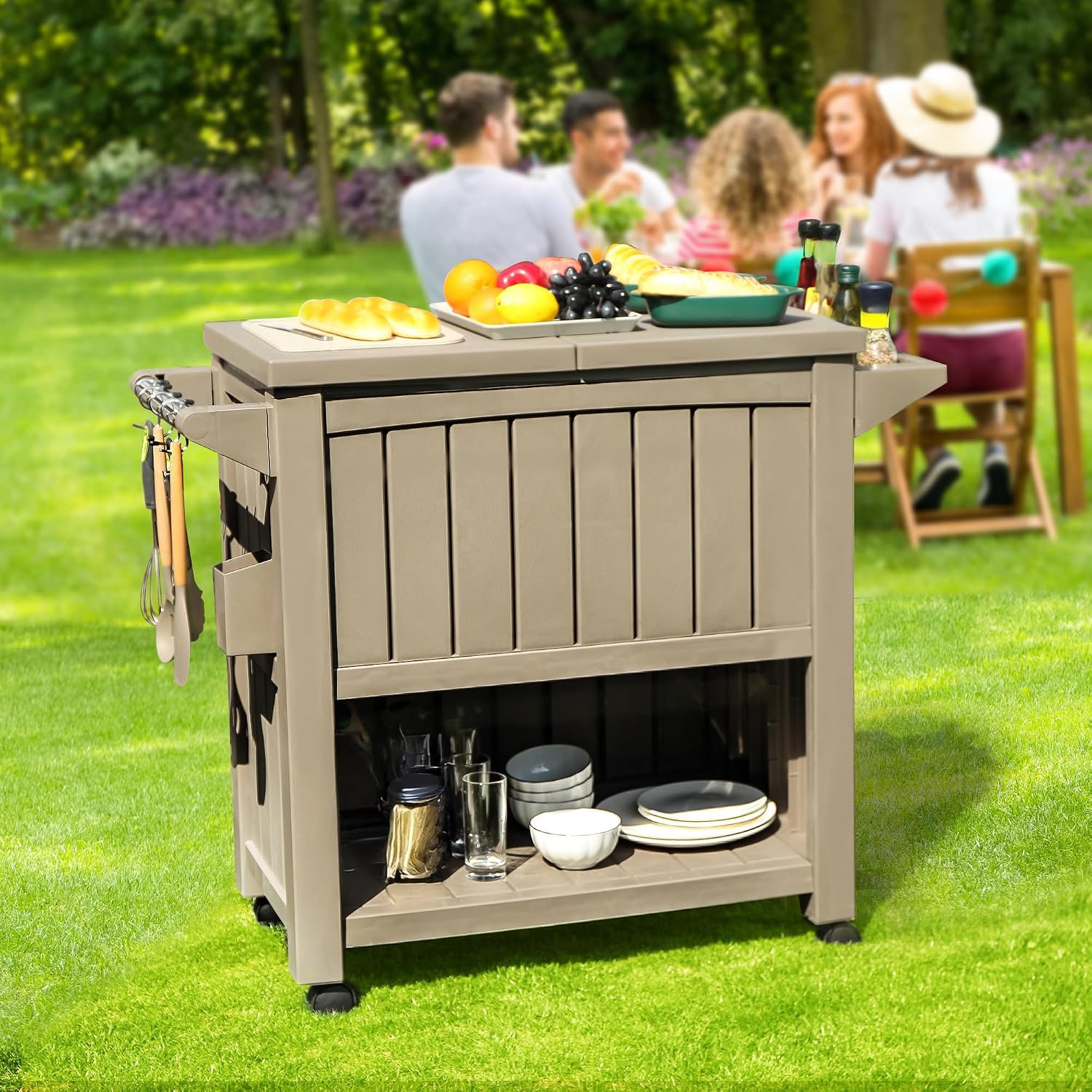 YITAHOME 85 Quart Rolling Cooler Cart with Bottle Opener Drainage, Portable Cooler on Wheels, Outdoor Beverage Cart Ice Chest for Patio Pool Deck Party BBQ Cookouts (Taupe)