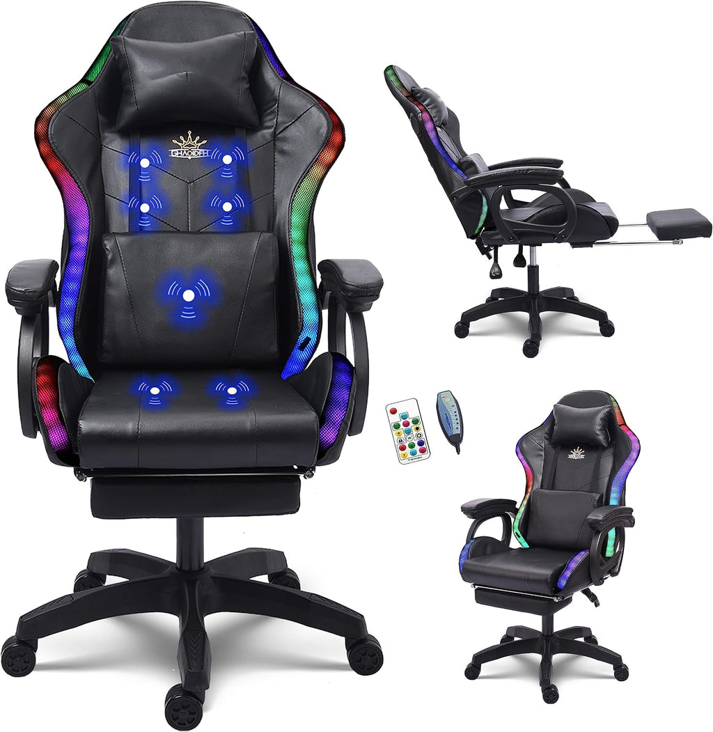 Massage Gaming Chair with Speakers, Reclining Computer Chair with Headrest and Lumbar Support,Ergonomic Gaming Chair with Footrest and Led Lights, Video Game Chair for Adults Kids.,Black