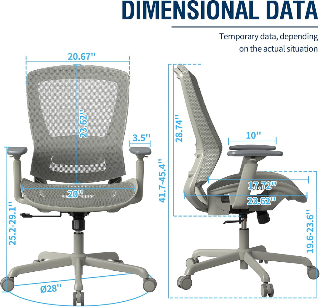 ELABEST Mesh Office Chair,Ergonomic Computer Desk Chair,Sturdy Task Chair- Adjustable Lumbar Support & Armrests,Tilt Function,Comfort Wide Seat,Swivel Home Office Chair (Grey Frame Grey Mesh)