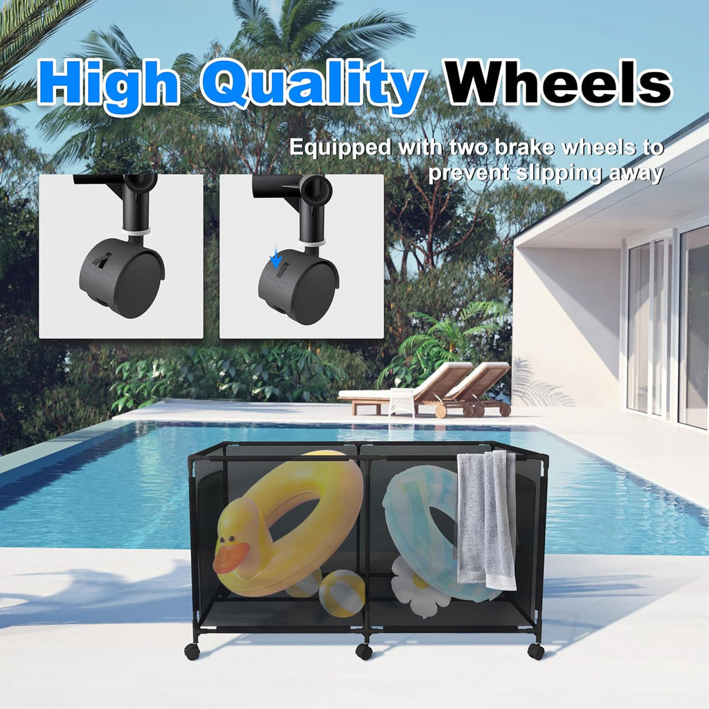 Version 2 Metal Pool Storage bin,Poolside Storage Organizer,Holder for Outdoor, Pool, Patio, Garden,Organizer for Toys,Floats, and Swimming Equipments,2-Size (MEDIUM)