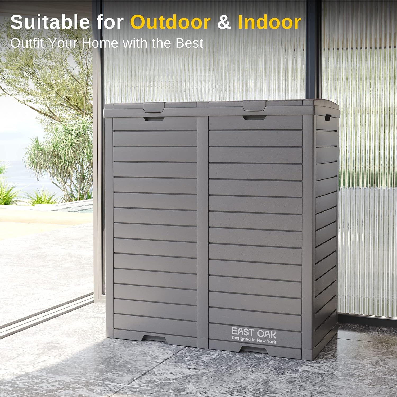 East Oak 62 Gallon Outdoor Trash Can | Waterproof Resin Garbage Can Featuring Tiered Lid & Drip Tray | Outside Trash Bin for Kitchen, Patio | Backyard & Deck | Gray Color