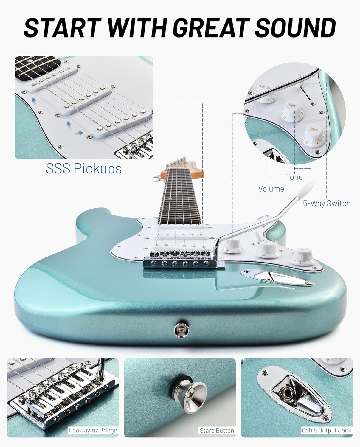 Leo Jaymz Beginner Electric Guitar Complete Kit with Portable Amp, Padded Gig Bag & Full Accessories, Maple Neck SSS Pickups (Cyan)