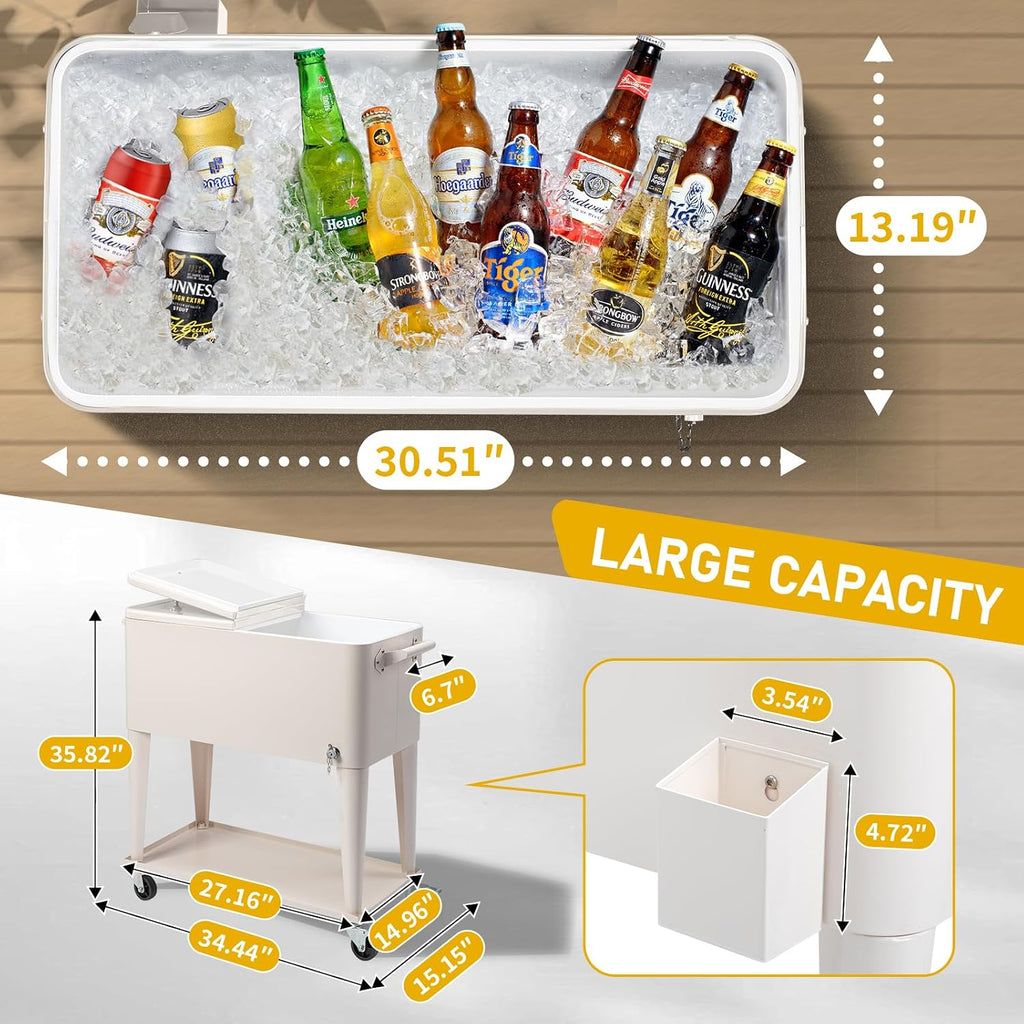 Outvita 80 Quart Rolling Ice Chest, Portable Bar Drink Cooler with Catch Basin, Bottom Storage Tray and Bottle Opener for Patio Party BBQ Beach Activities