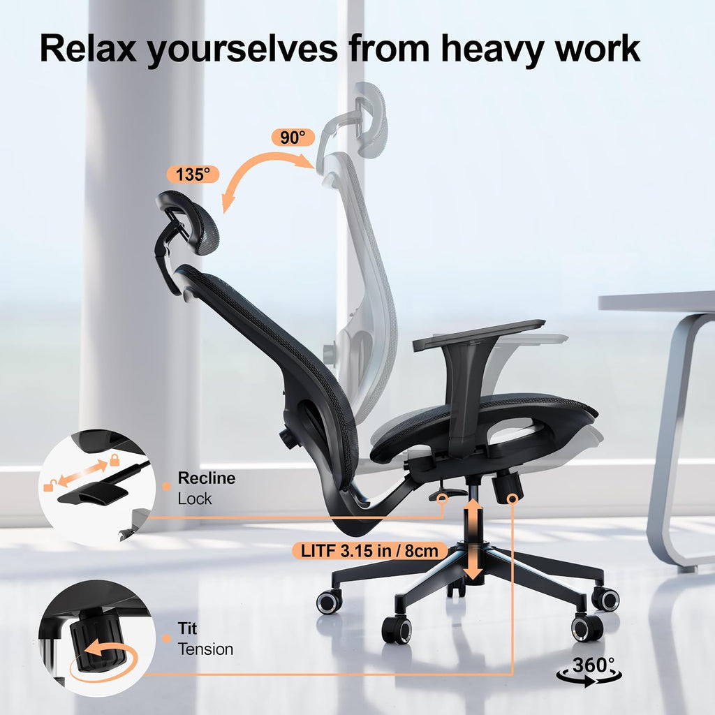 Office Chair Ergonomic Desk Chair, 350 LBS Mesh Office Chair with Lumbar Support, Comfy Desk Chair with Wheels, Big and Tall Chair for Study Work Gaming (04black)