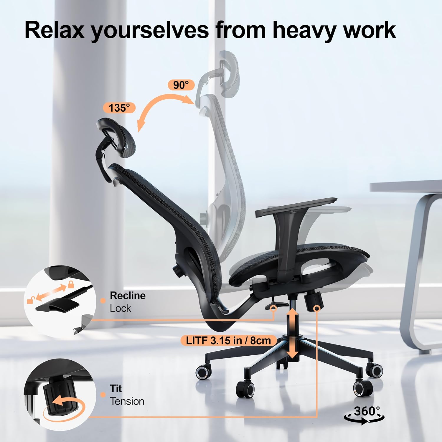 Office Chair Ergonomic Desk Chair, 350 LBS Mesh Office Chair with Lumbar Support, Comfy Desk Chair with Wheels, Big and Tall Chair for Study Work Gaming (04black)