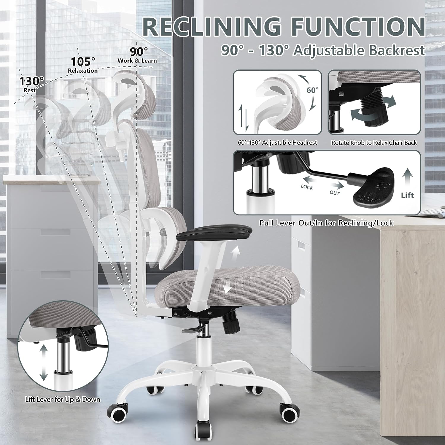 Winrise Office Chair Ergonomic Desk Chair, High Back Gaming Chair, Big and Tall Reclining Chair Comfy Home Office Desk Chair Lumbar Support Breathable Mesh Computer Chair Adjustable Armrests (Gray)