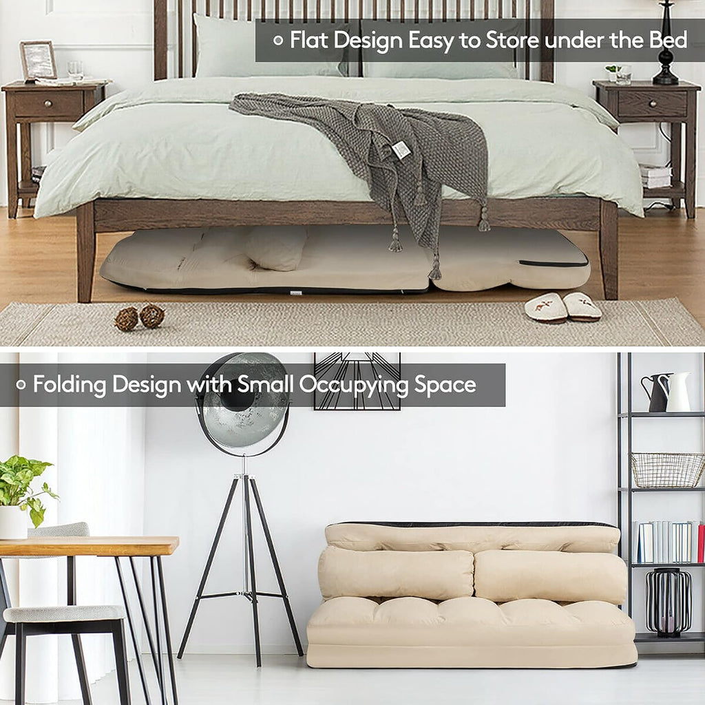 DORTALA Foldable Floor Sofa, 6-Position Adjustable Lounge Couch with 2 Pillows & Suede Cloth Cover, Modern Lounge Mattress Video Gaming Lazy Couch, Suede Floor Seating Sofa, 71' x 44.5', Beige