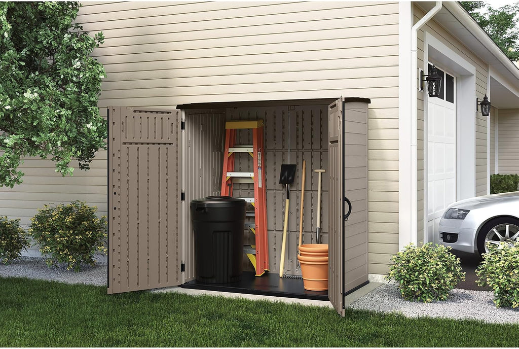 Suncast Extra-Large Vertical Storage Shed for Yard Storage, All-Weather Outdoor Storage Shed with 2 Lockable Doors, 70.5' W x 44.25' D x 77.5' H, Sand