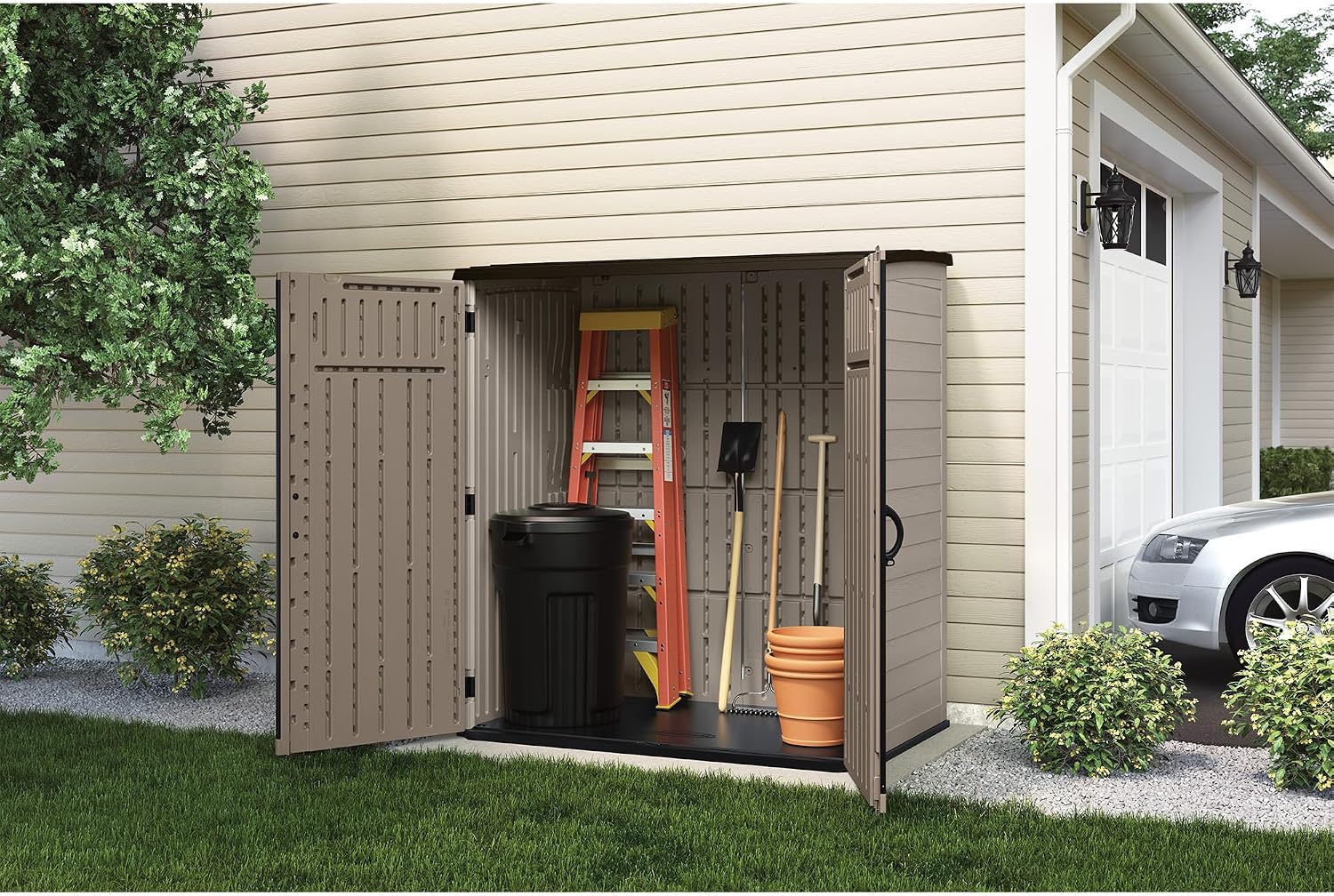 Suncast Extra-Large Vertical Storage Shed for Yard Storage, All-Weather Outdoor Storage Shed with 2 Lockable Doors, 70.5' W x 44.25' D x 77.5' H, Sand
