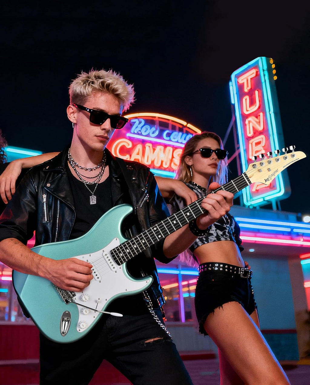 Leo Jaymz Beginner Electric Guitar Complete Kit with Portable Amp, Padded Gig Bag & Full Accessories, Maple Neck SSS Pickups (Cyan)