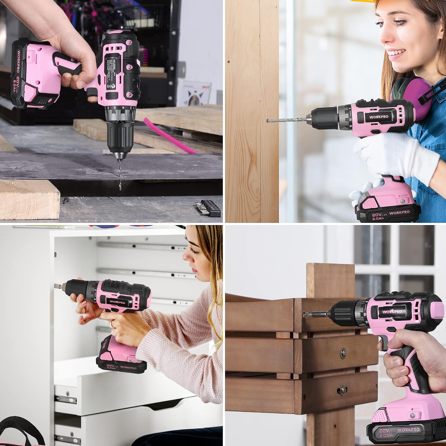 WORKPRO Pink Tool Kit with Drill, Tool Set with 20V Cordless Lithium-ion Drill Driver, Pink Drill Set for Women, 157PCS Home Tool Kit, Lady's Repairing Kit with 14-Inch Storage Bag - Pink Ribbon