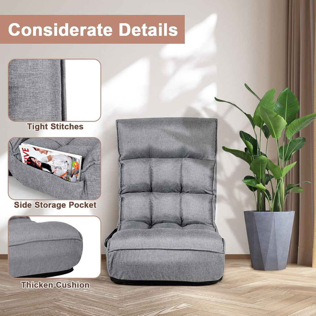 COSTWAY Folding Floor Lounge Chair, Floor Gaming Chair with 5-Position Adjustable Head & 4-Position Adjustable Backrest, Indoor Lazy Sofa Recliner for Bedroom, Living Room (Grey)