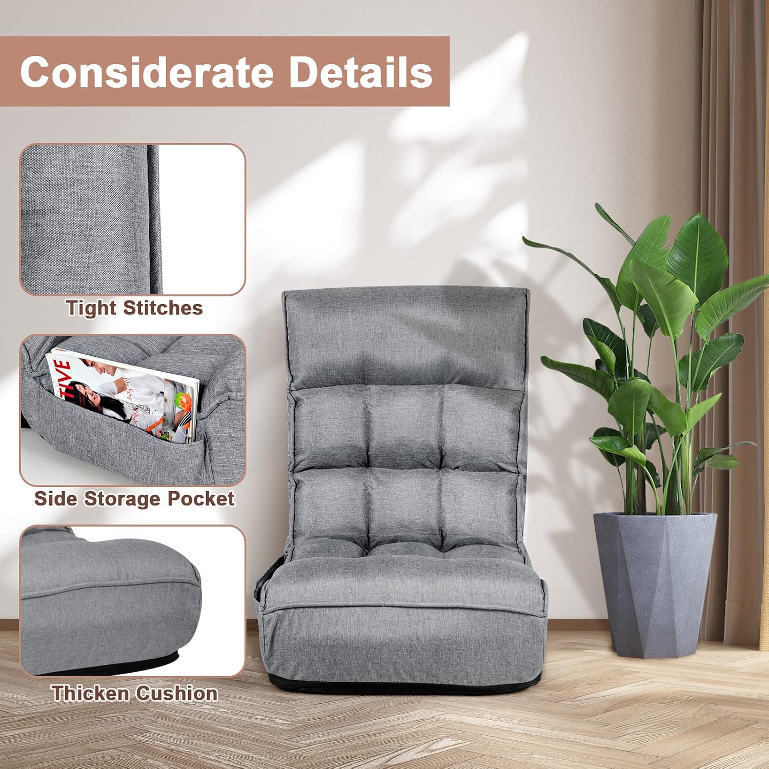 COSTWAY Folding Floor Lounge Chair, Floor Gaming Chair with 5-Position Adjustable Head & 4-Position Adjustable Backrest, Indoor Lazy Sofa Recliner for Bedroom, Living Room (Grey)