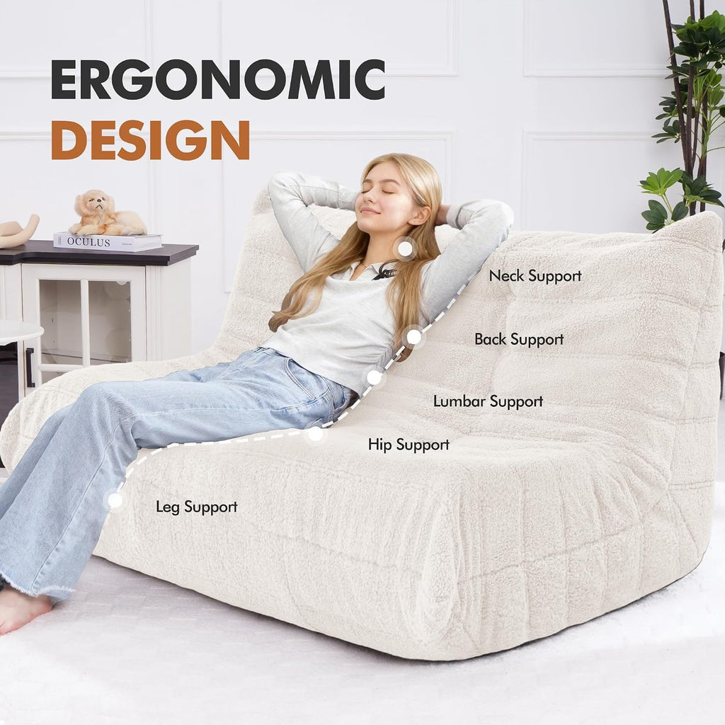 Bean Bag Loveseat Chair Big Sofa Beanbag Chair for Adults Fireside Chair Bean Bag Lounger with Memory Foam Filled for Home,Apartment or Gaming Venue（Beige Teddy）