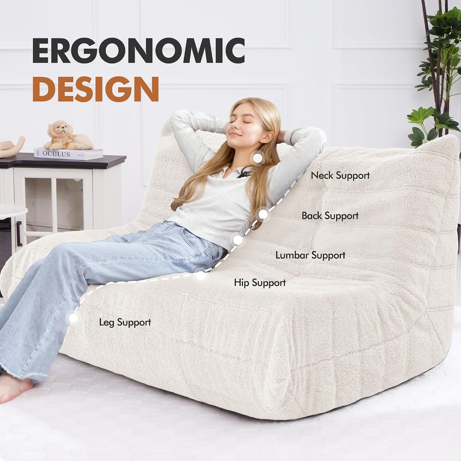 Bean Bag Loveseat Chair Big Sofa Beanbag Chair for Adults Fireside Chair Bean Bag Lounger with Memory Foam Filled for Home,Apartment or Gaming Venue（Beige Teddy）