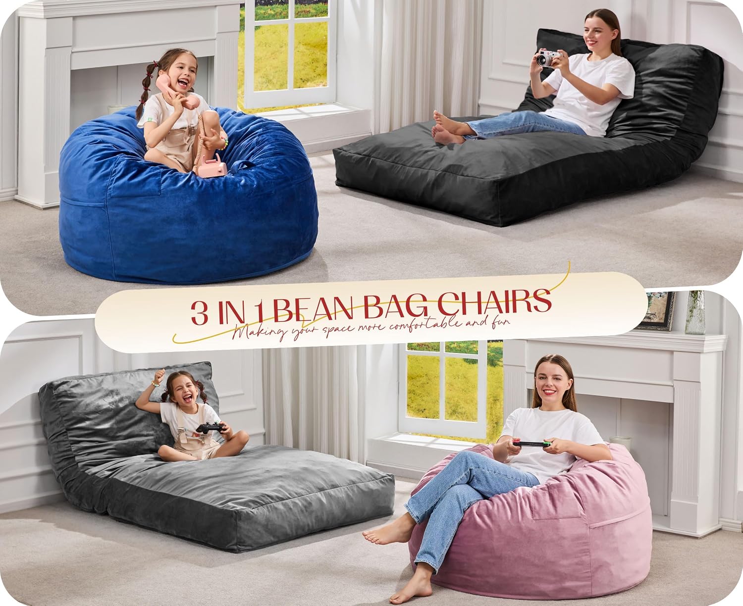 Hobestluk Giant Bean Bag Chair Bed for Adults, Large Bean Bags with High-Density Foam Filling, Convertible Big Sofa Bed Couch for Living Room, Bedroom, Playroom (Blue, Twin)