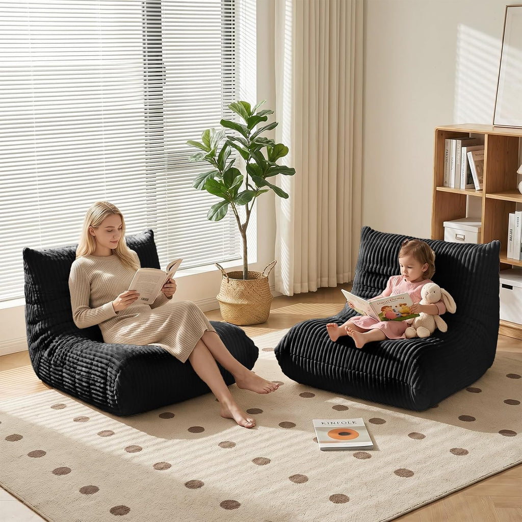 Bean Bag Chair with Lumbar Pillow, Gaint Bean Bag Chairs for Adults, Oversized Corduroy Beanbag Chair with Memory Foam Filled, Lazy Floor Sofa for Reading Gaming Living Room Bedroom (Black)