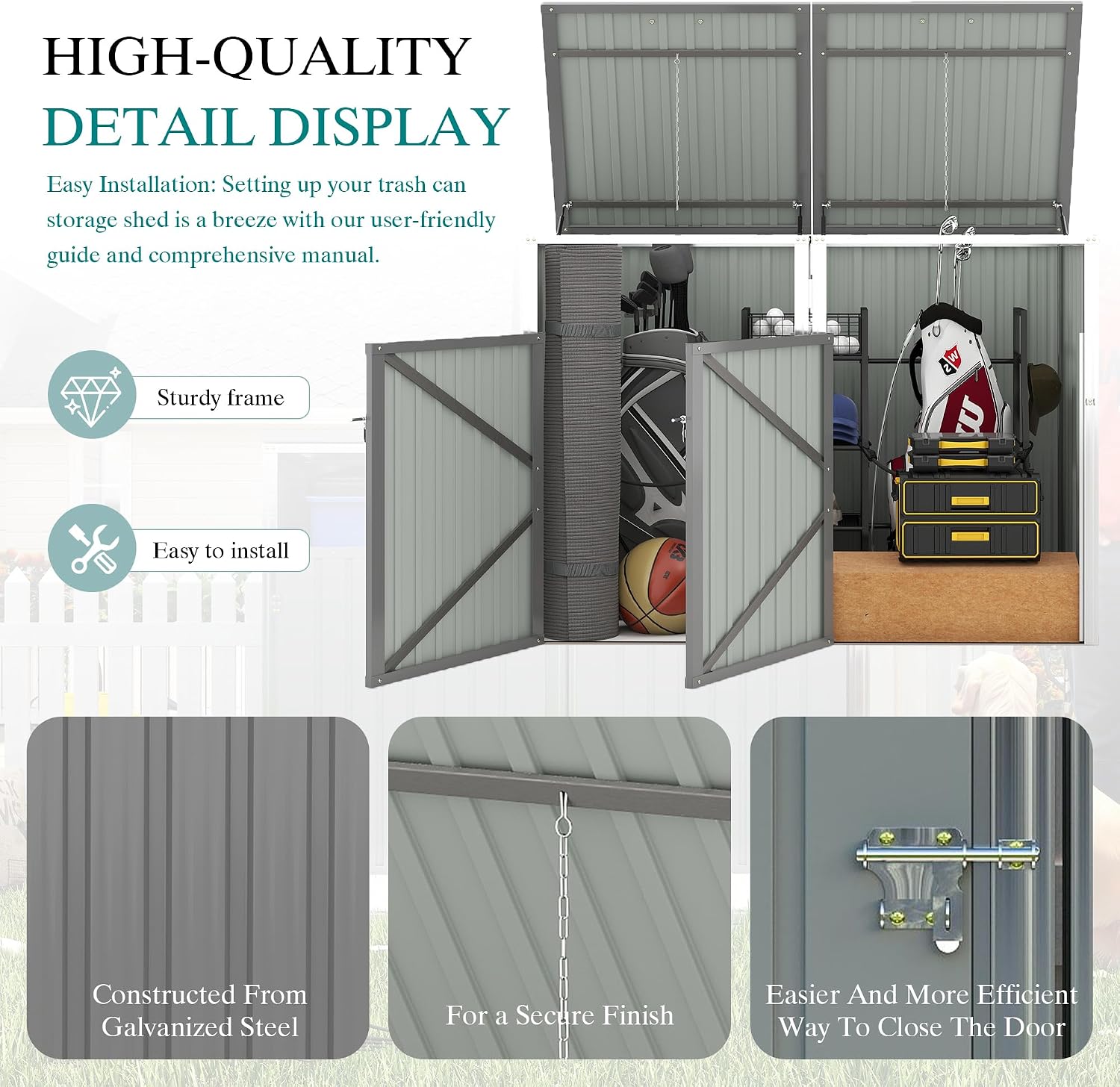 Outdoor Metal Garbage Bin Shed for 2 Trash Cans, Waterproof Galvanized Steel Double Trash Can Storage Shed with Hydraulic Lid, Lockable Door & Large Capacity for Garden Yard Patio, Light Gray