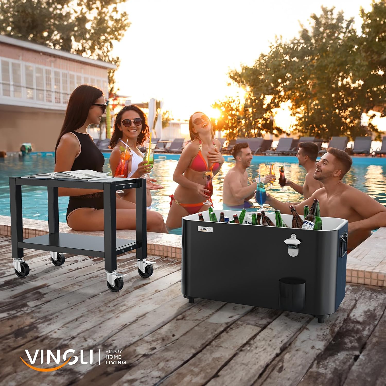 VINGLI Patio Cooler, Rolling Ice Chest on Wheels, Portable Patio Party Bar Drink Cooler Cart, with Shelf, Beverage Pool with Bottle Opener,Water Pipe