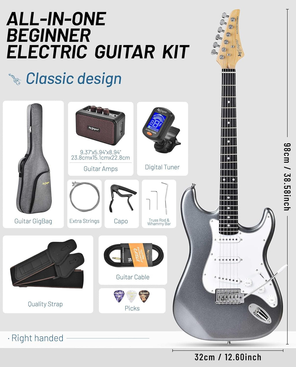 Leo Jaymz Beginner Electric Guitar Complete Kit with Portable Amp, Padded Gig Bag & Full Accessories, Maple Neck SSS Pickups (Gray)