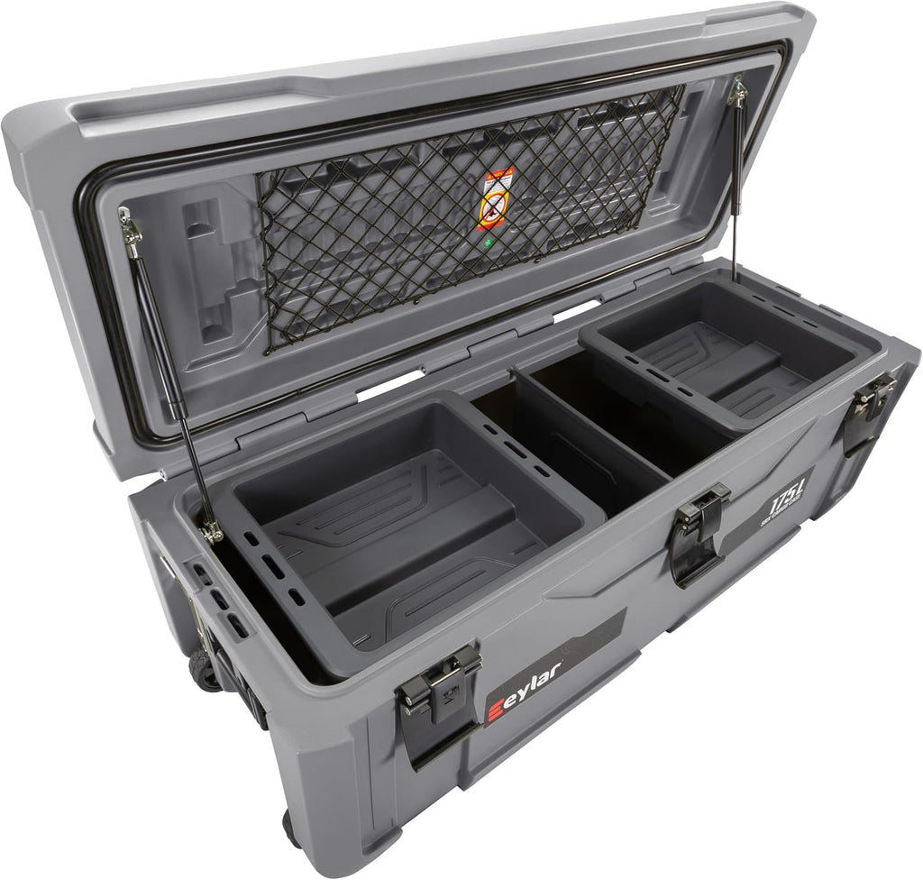 SRX-175 Overlanding Cargo Case – 175L Waterproof Storage Box for Camping, Off-Road & Truck Bed Gear – Heavy-Duty Lockable Storage with Gas Strut Lid, Stackable Design & Interior Organizer Tray (Gray)