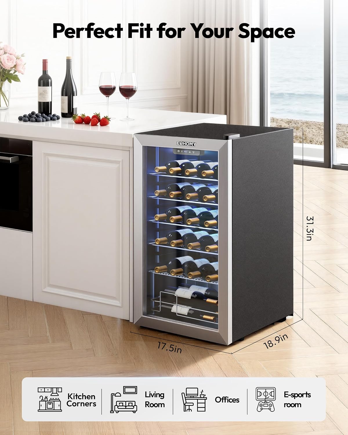 EUHOMY 25 bottle Wine Cooler Refrigerator, Freestanding Compressor Wine Fridge with Adjustable Temperature and Digital Control, Mini Fridge with Glass Door for Red White Wine, Beer, Silver