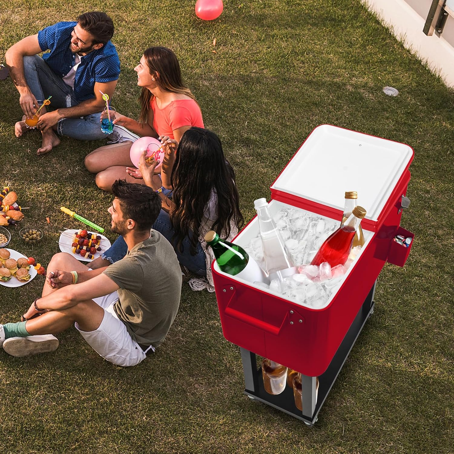Outvita 80 Quart Rolling Ice Chest, Portable Bar Drink Cooler with Catch Basin, Bottom Storage Tray and Bottle Opener for Patio Party BBQ Beach Activities