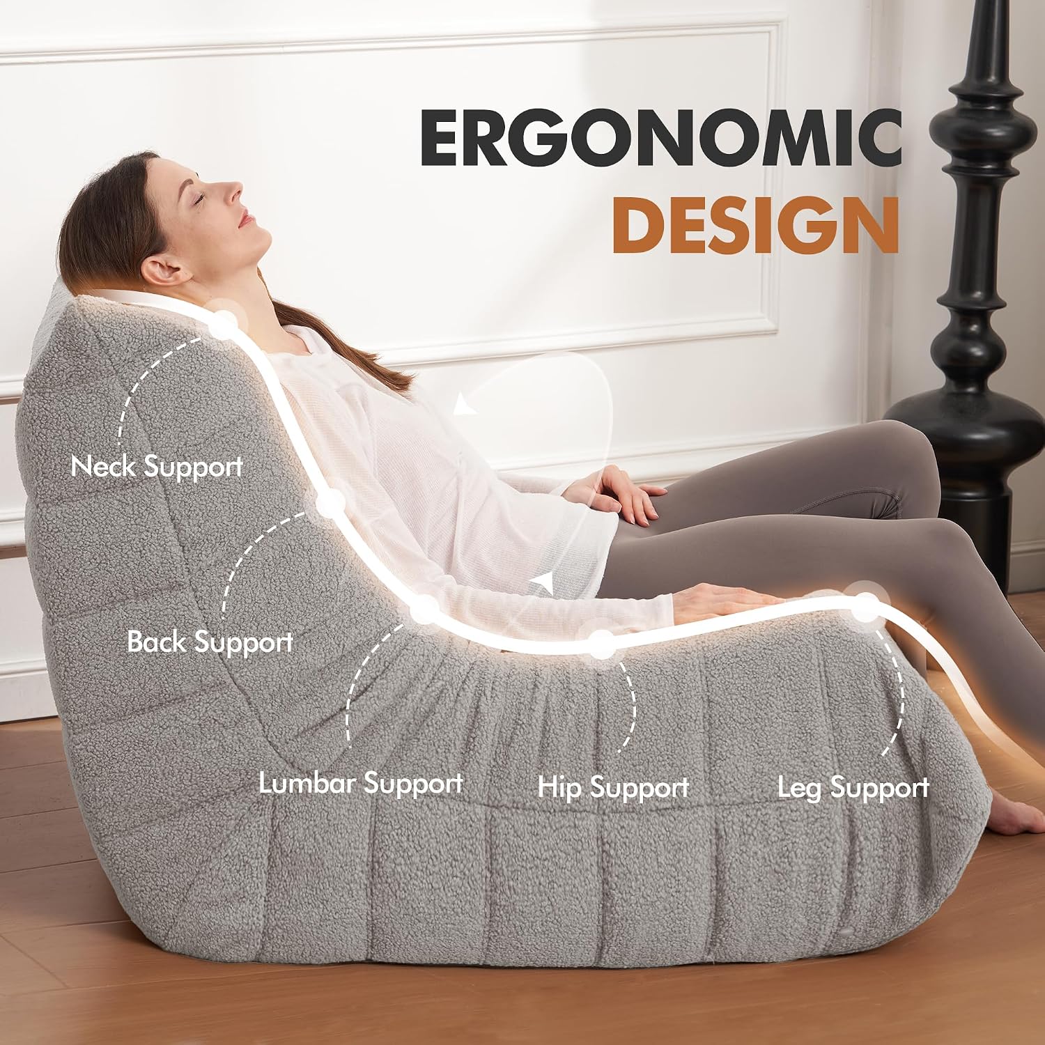 Bean Bag Chair Big Sofa Beanbag Chair for Adults Fireside Chair Bean Bag Lounger with Memory Foam Filled for Home,Apartment or Gaming Venue(Lightgrey Teddy Single)