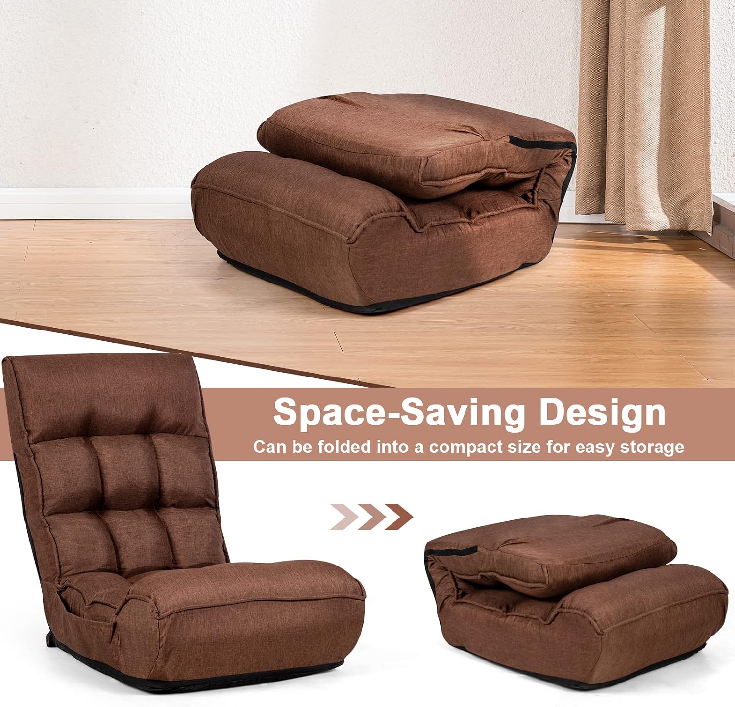 MAT EXPERT Folding Floor Chair, Floor Gaming Chair w/ 4-Position Backrest, 5-Position Adjustable Headrest, Side Pocket, Indoor Floor Chair w/Back Support for Bedroom, Living Room (Coffee)