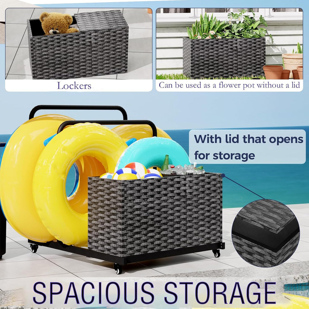 FONTOI Pool Storage, Pool Float Storage Bin with Wheels, Waterproof Metal with Rattan Pattern Textured UV Print Outdoor Pool Towel Rack, All-Weather Float Storage Organizer for Cushions, Black