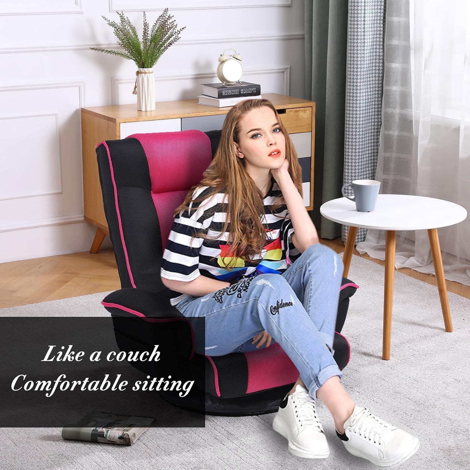 360 Degree Swivle Adjustable Floor Chair, Chaise Lounge Indoor, Folding Lazy Sofa with Armrests and Side Pocket Adults Gaming Chairs for Living Room, Bedroom Factory Price 201 (BK-RE)