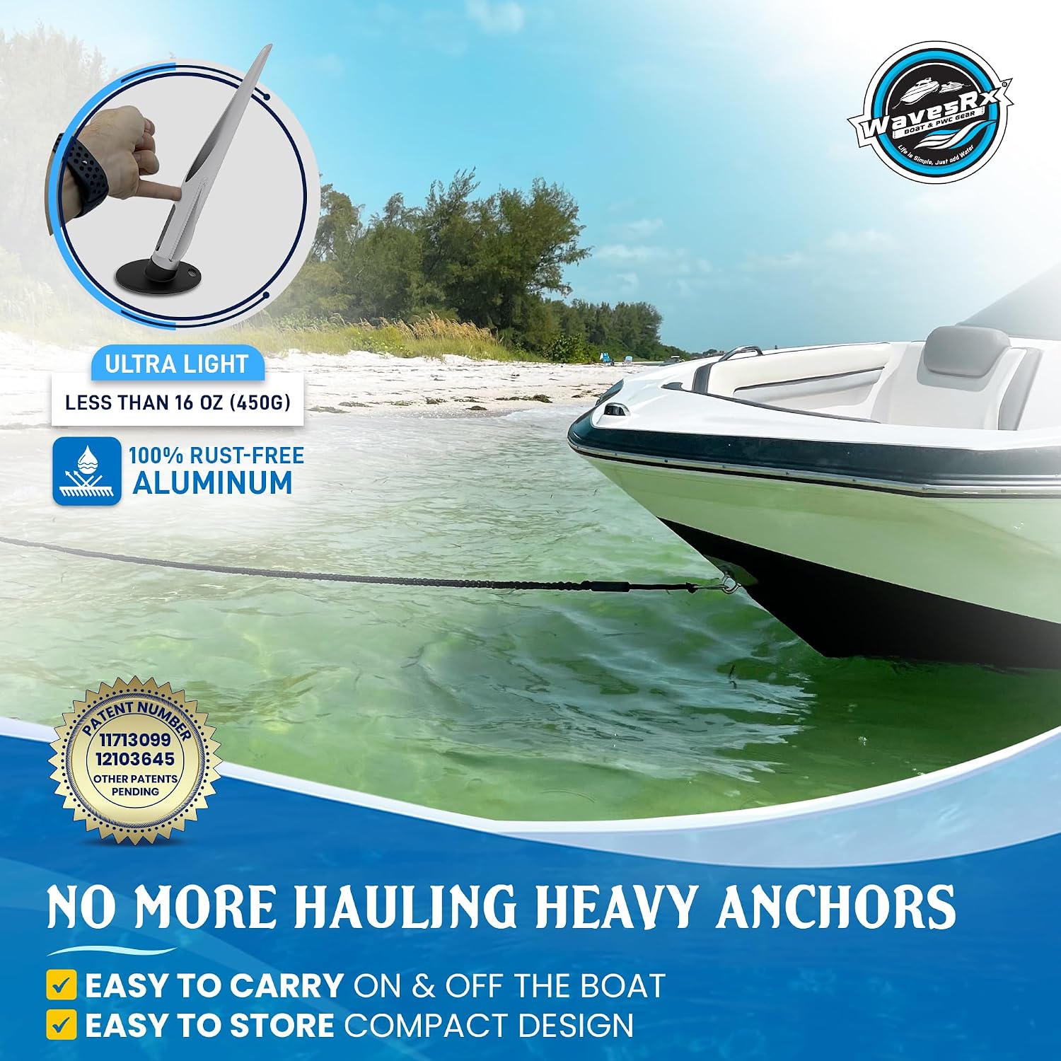 WAVESRX Patented Aluminum Spike Beach Anchor | Ultra-Light PWC, Jet Ski & Sand Anchor for Boat, Pontoon & Kayak Secure Anchoring Near Shore
