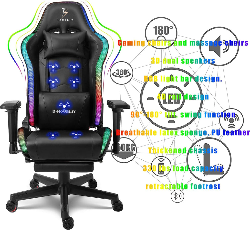 Gaming Chair with Speakers, Ergonomic Massage PC Chair, Comfortable Computer Recliner with Footrest and Adjustable Lumbar Support, Video Gaming Chair for Adult Kids.,Black