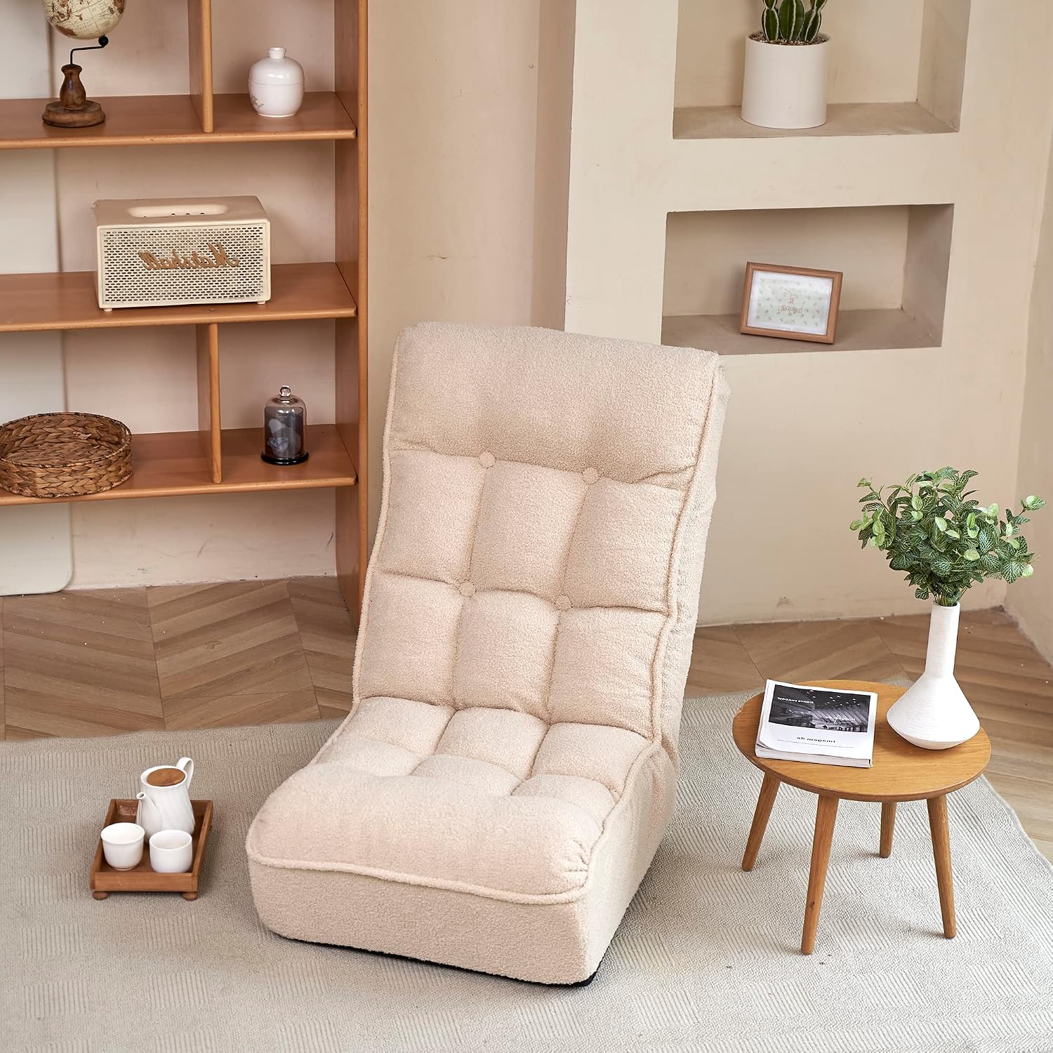 Yoglad Comfy Lounge Sofa Chair,3 Adjustable Angles,Soft Boucle Fabric,Easy Storage,with Comfortable Backrest.for Living,Bedroom,or Office. (White Teddy)