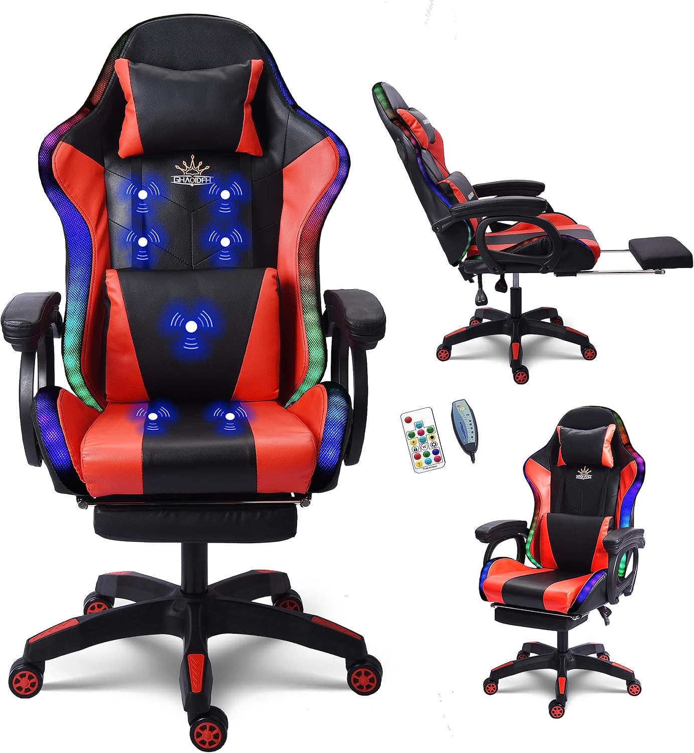Massage Gaming Chair with Speakers, Reclining Computer Chair with Headrest and Lumbar Support,Ergonomic Gaming Chair with Footrest and Led Lights, Video Game Chair for Adults Kids.,Red