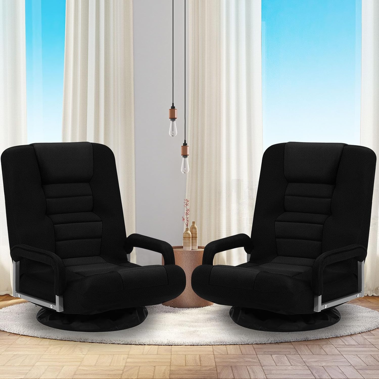 Swivel Gaming Chair Multipurpose 2PACK Floor Gaming Chair for Playing Video Games, TV, Reading w/Armrest Lumbar Support & 6 Adjustable Postion Backrest for Adults, Black